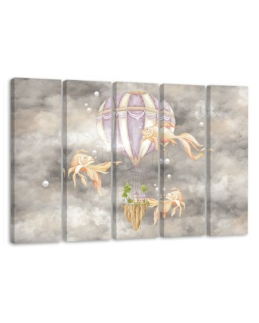 Wall art for children 5 panel - Hot air balloon flying house and fish | FEEBY