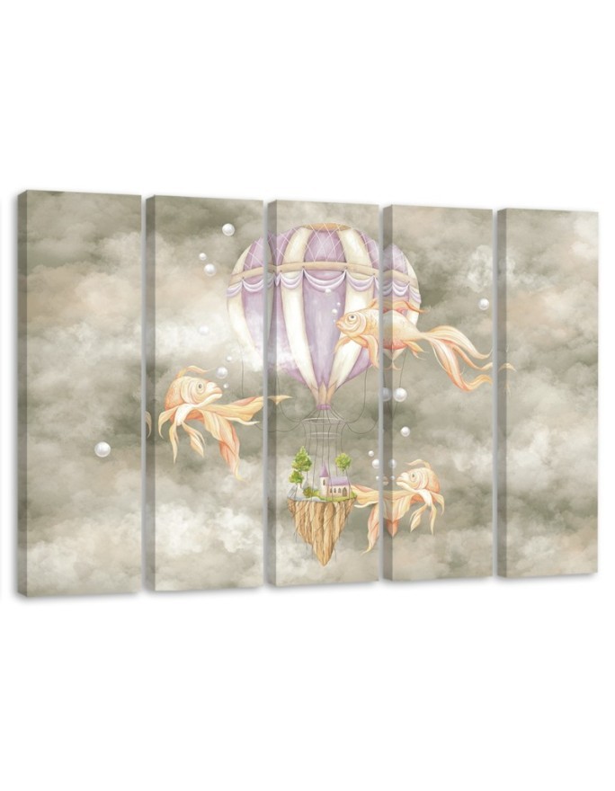 Wall art for children 5 panel - Hot air balloon flying house and fish | FEEBY