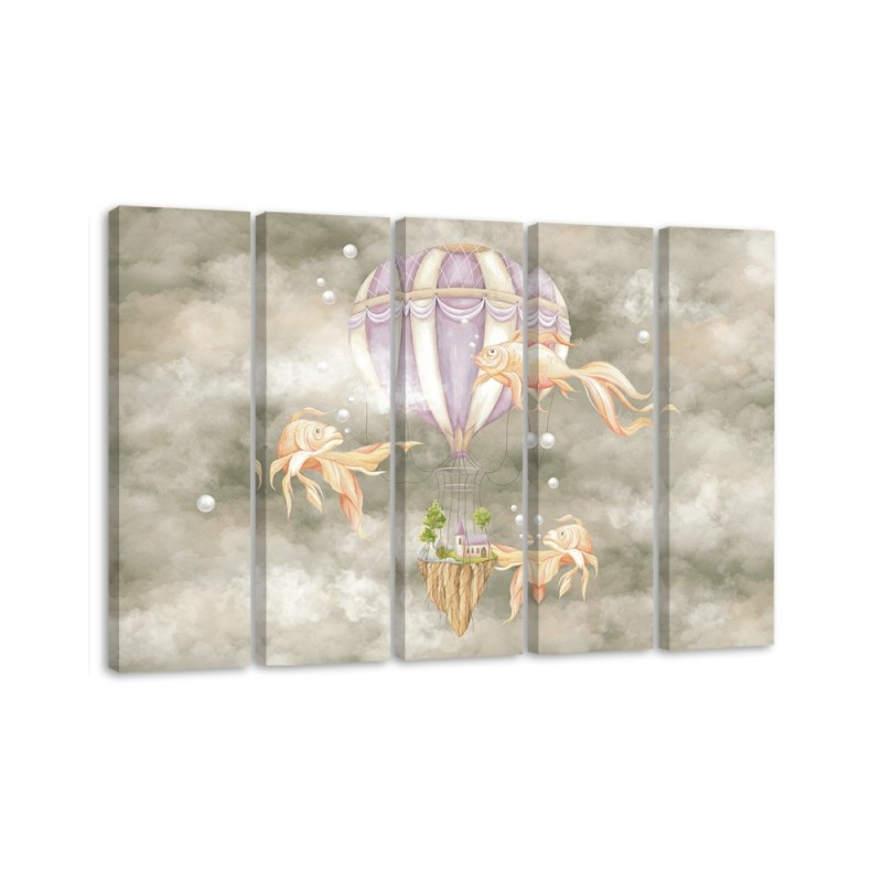 Leinwandbild - Heißluftballon fliegendes Haus und Fisch | Feeby