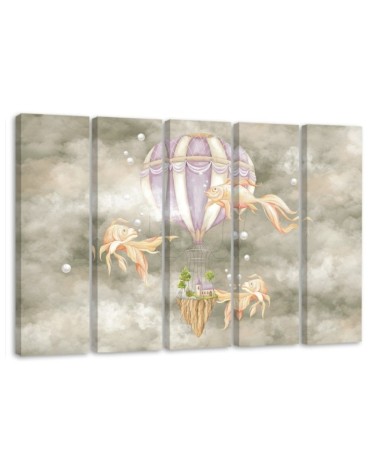Wall art for children 5 panel - Hot air balloon flying house and fish | FEEBY