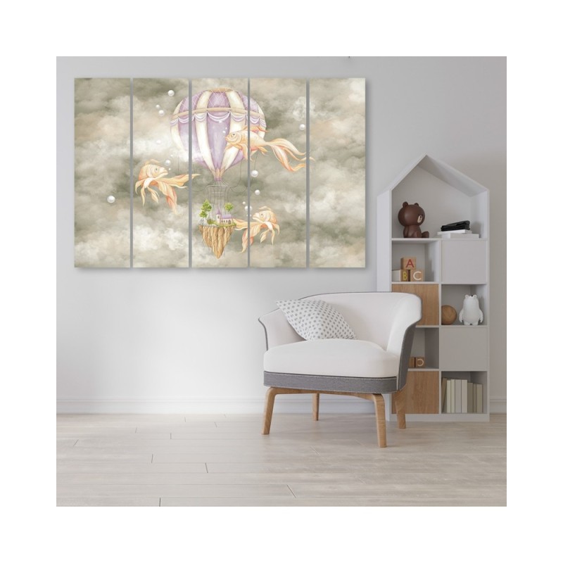 Leinwandbild - Heißluftballon fliegendes Haus und Fisch | Feeby
