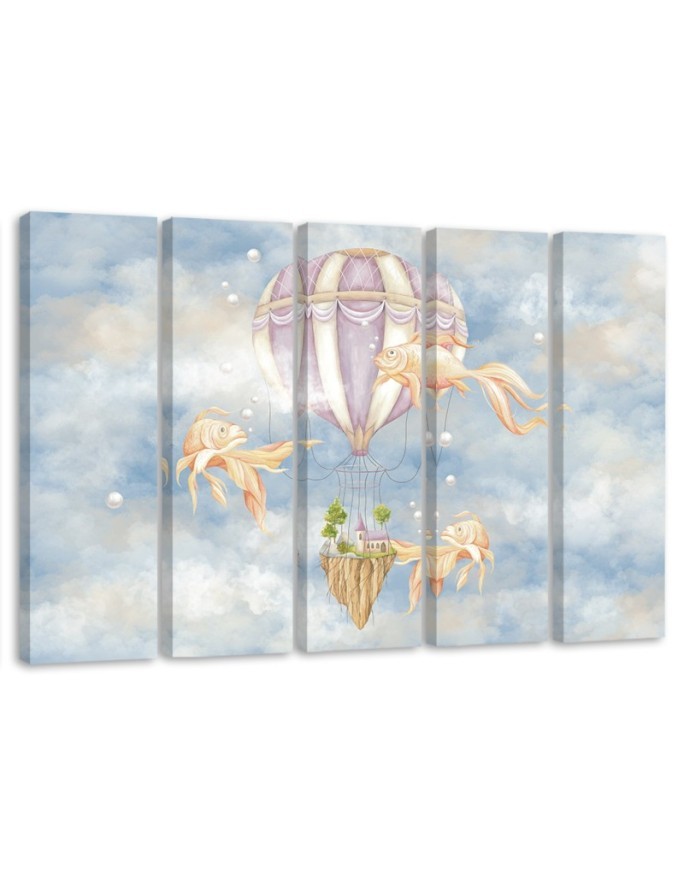 Leinwandbild - Heißluftballon fliegendes Haus und Fisch | Feeby