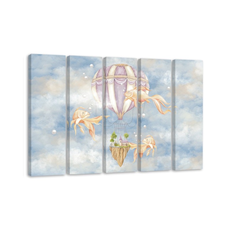 Leinwandbild - Heißluftballon fliegendes Haus und Fisch | Feeby