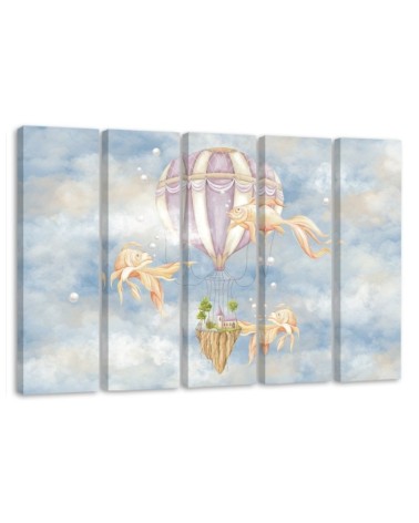 Wall art for children 5 panel - Hot air balloon flying house and fish | FEEBY