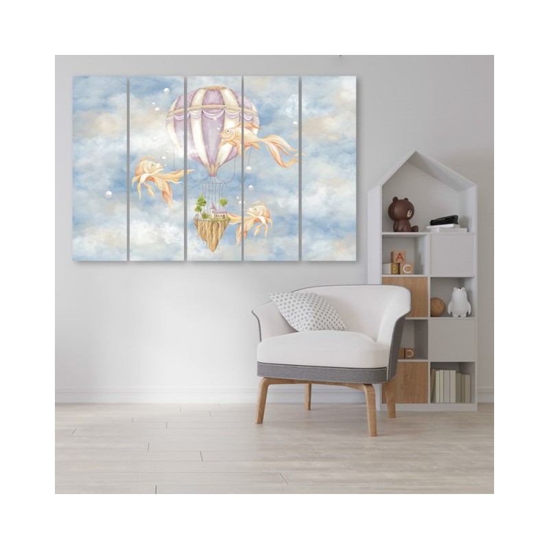 Leinwandbild - Heißluftballon fliegendes Haus und Fisch | Feeby