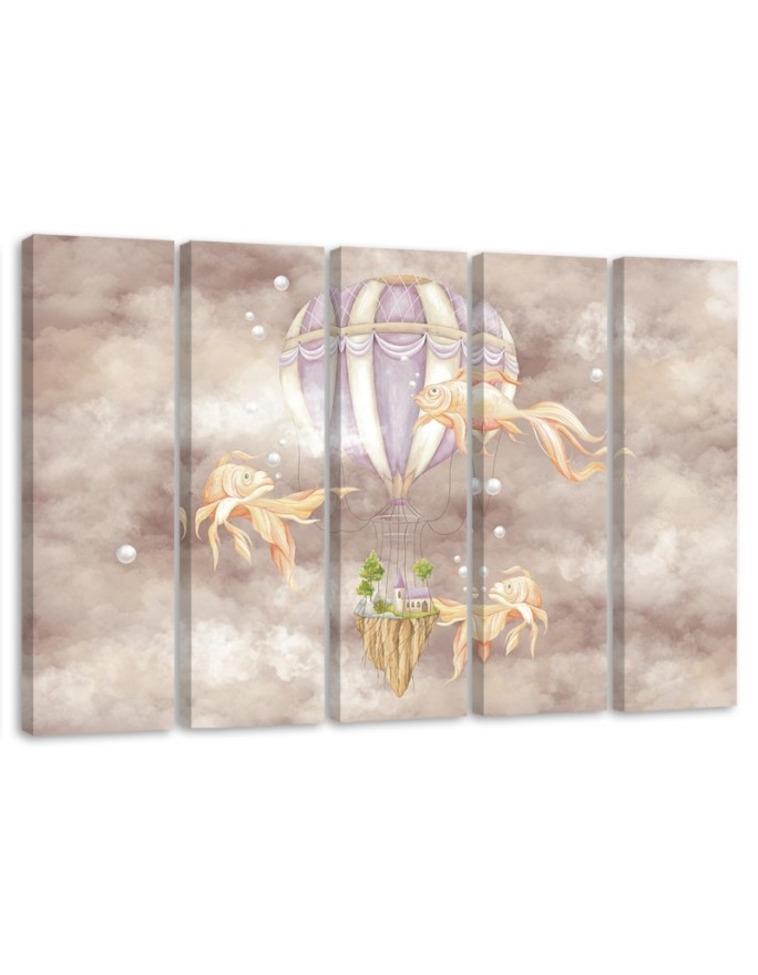 Leinwandbild - Heißluftballon fliegendes Haus und Fisch | Feeby