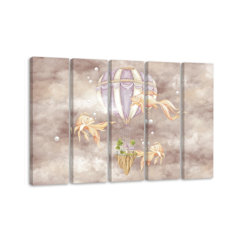 Leinwandbild - Heißluftballon fliegendes Haus und Fisch | Feeby