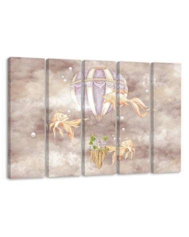 Wall art for children 5 panel - Hot air balloon flying house and fish | FEEBY