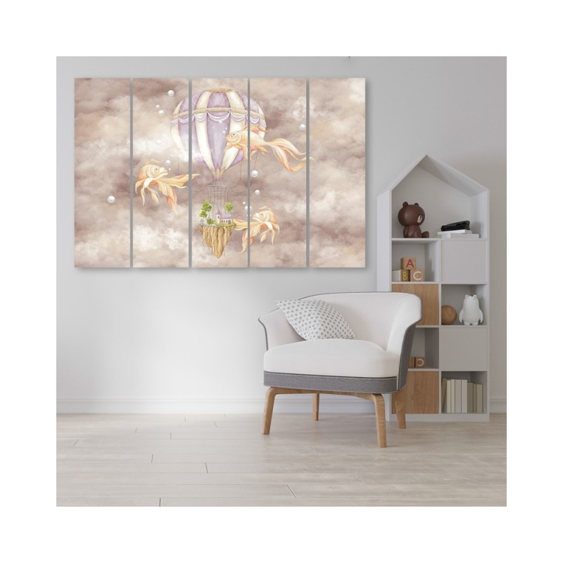 Leinwandbild - Heißluftballon fliegendes Haus und Fisch | Feeby