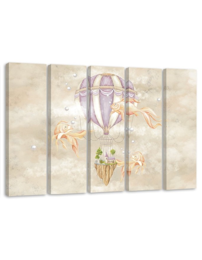 Leinwandbild - Heißluftballon fliegendes Haus und Fisch | Feeby