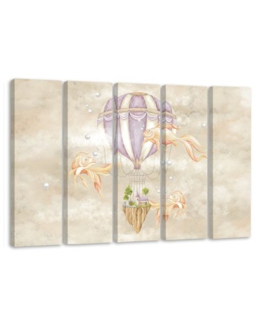 Canvas prints children 5-parts - Hot air balloon flying house and fish | FEEBY