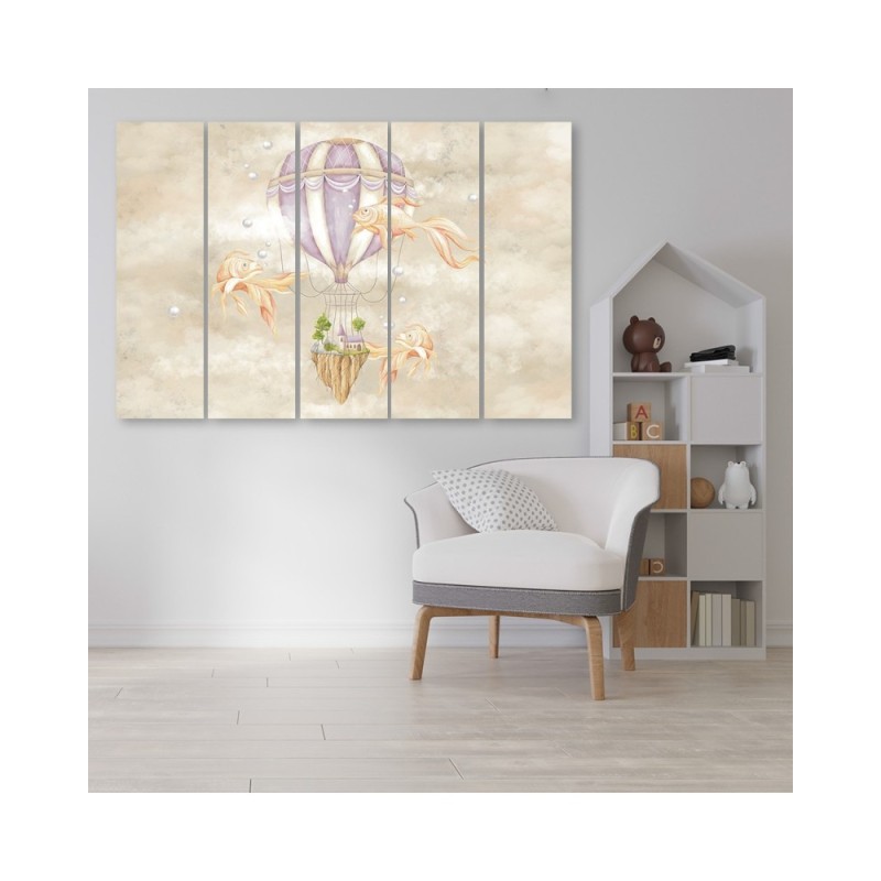 Leinwandbild - Heißluftballon fliegendes Haus und Fisch | Feeby