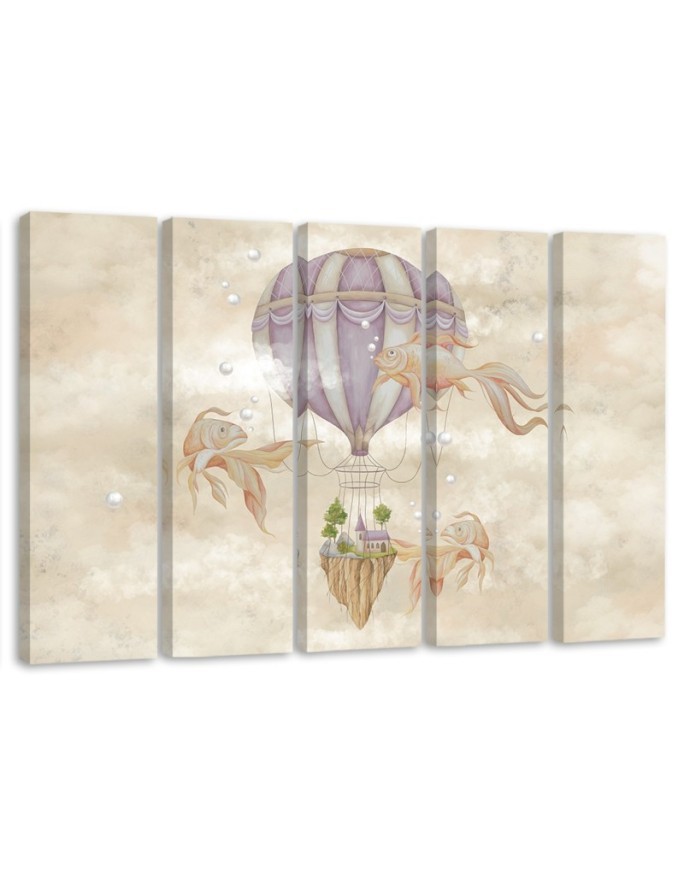 Leinwandbild - Heißluftballon fliegendes Haus und Fisch | Feeby