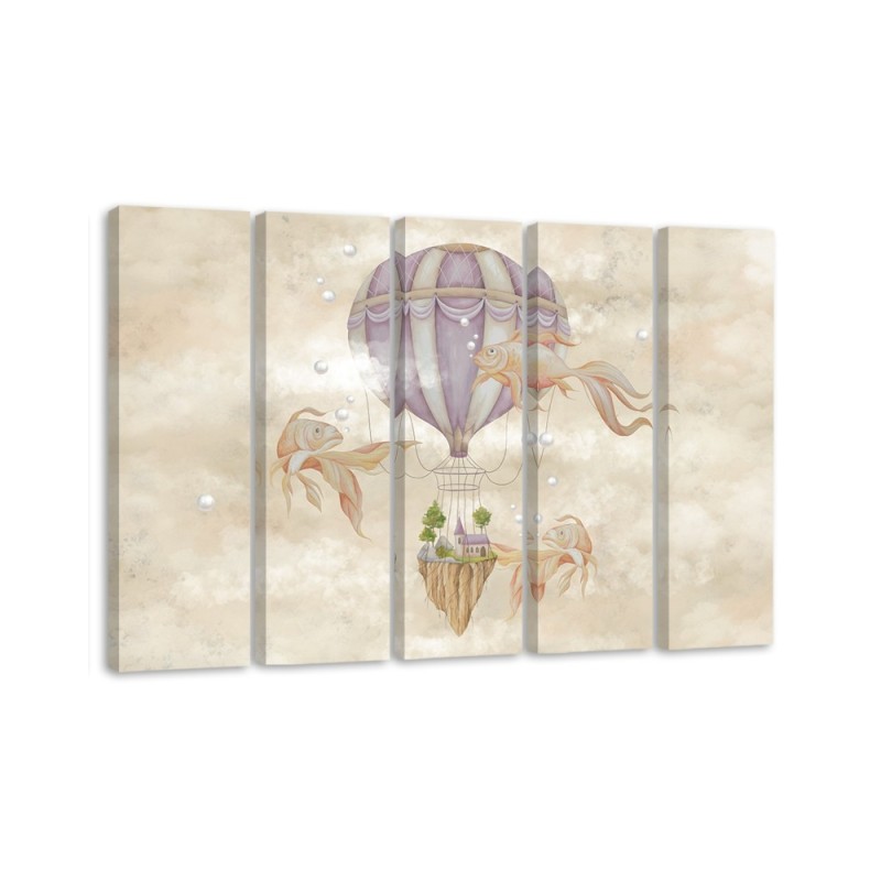 Leinwandbild - Heißluftballon fliegendes Haus und Fisch | Feeby