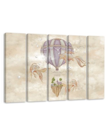 Canvas prints children 5-parts - Hot air balloon flying house and fish | FEEBY