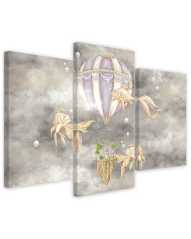 Canvas print 3-part - Hot air balloon flying house and fish | FEEBY