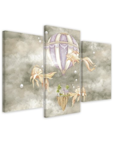 Canvas print 3-part - Hot air balloon flying house and fish | FEEBY