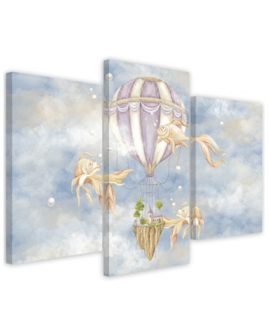 Canvas print 3 parts - Hot air balloon flying house and fish | FEEBY