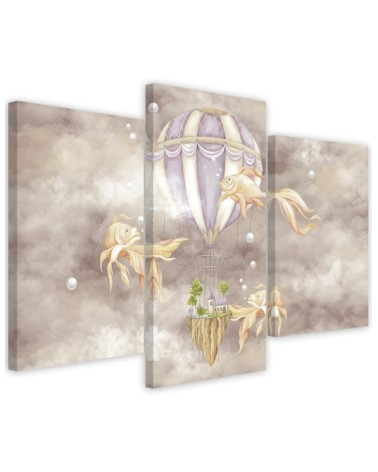 Canvas print 3 parts - Hot air balloon flying house and fish | FEEBY