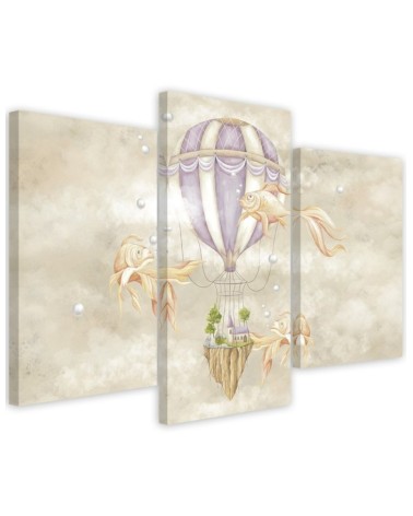 Canvas print 3 parts - Hot air balloon flying house and fish | FEEBY