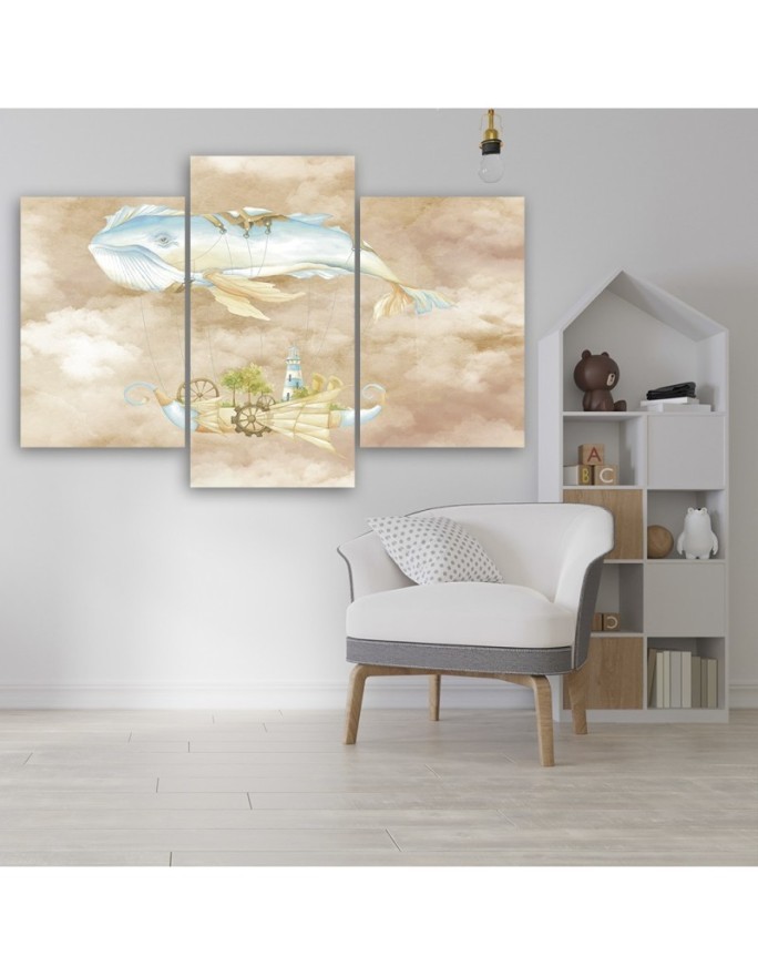 Children's triptych painting - Flying whale and ship | FEEBY
