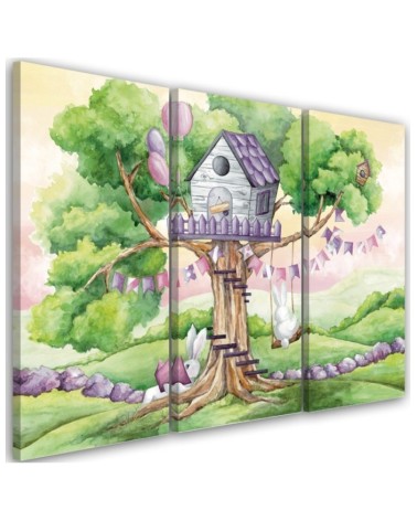Children's triptych painting - White rabbits treehouse | FEEBY