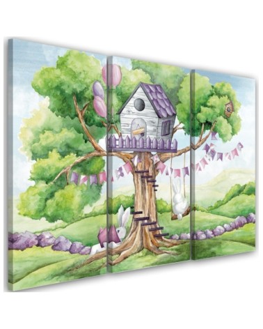 Children's triptych painting - White rabbits tree hut | FEEBY