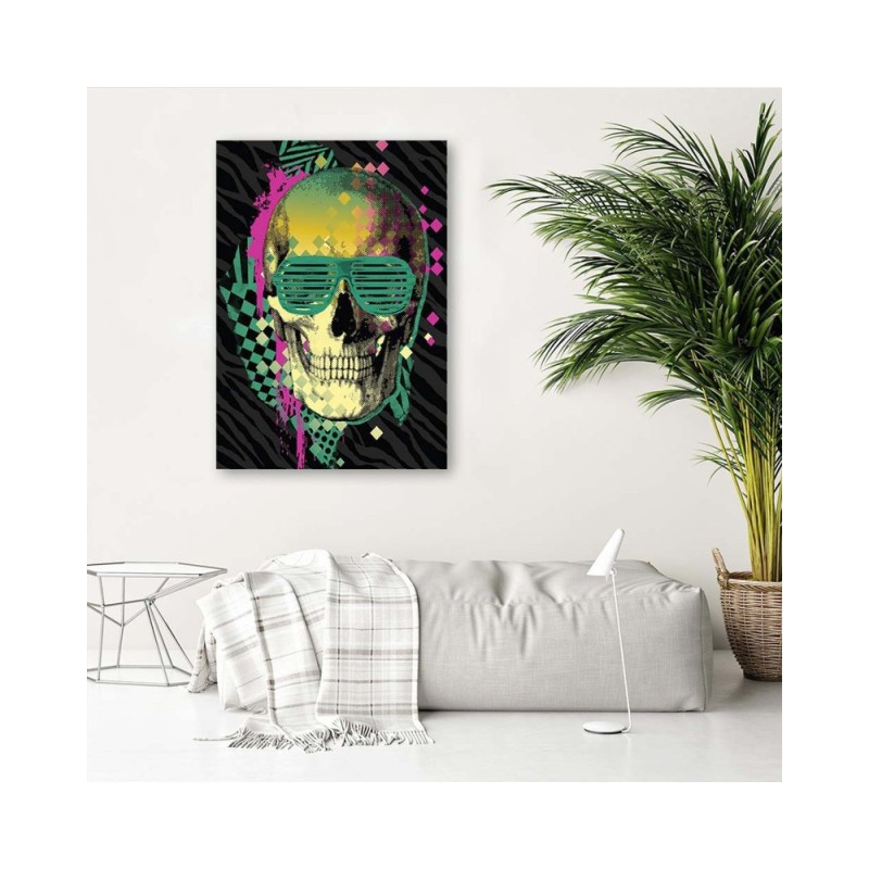 Leinwandbild - Bunter Totenkopf mit Retro-Brille | Feeby