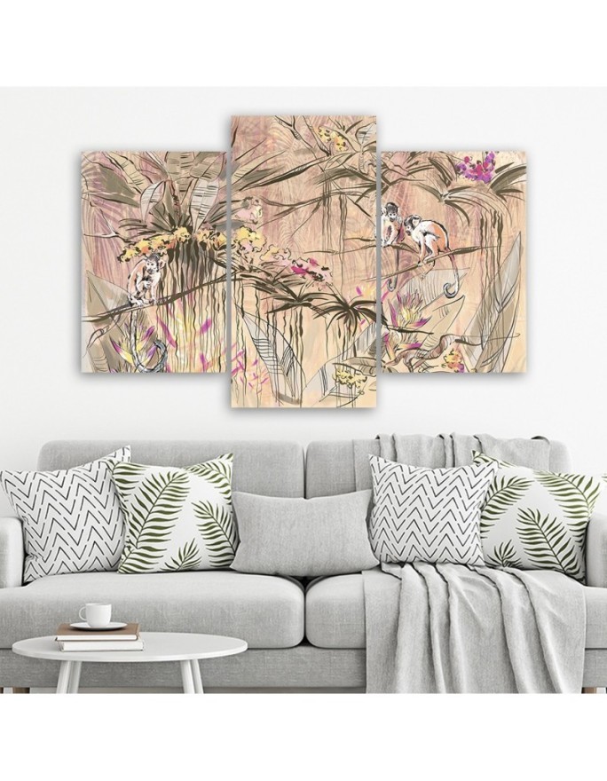 Wall Canvas painting for living room triptych - Monkeys in the jungle | FEEBY