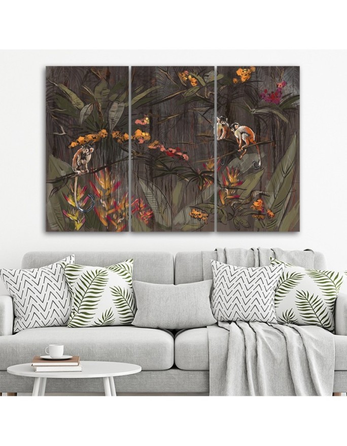 Wall painting for living room triptych - Monkeys in the jungle | FEEBY