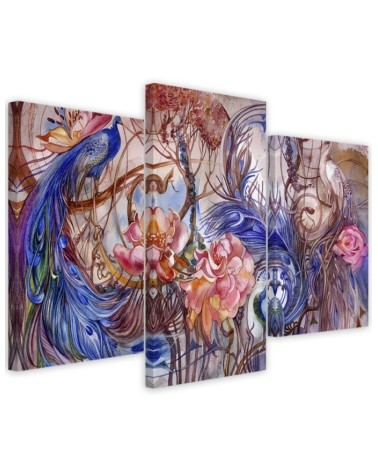 Three-part wall painting for living room - Magic peacock | FEEBY