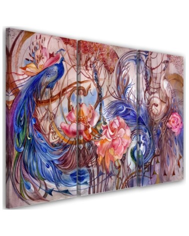 Three-part wall art painting for living room - Magic peacock | FEEBY
