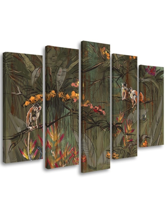 Canvas 5-piece painting - Monkeys in the jungle | FEEBY