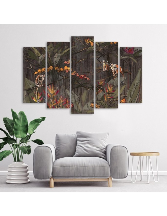 Canvas print on canvas 5 piece - Monkeys in the jungle | FEEBY