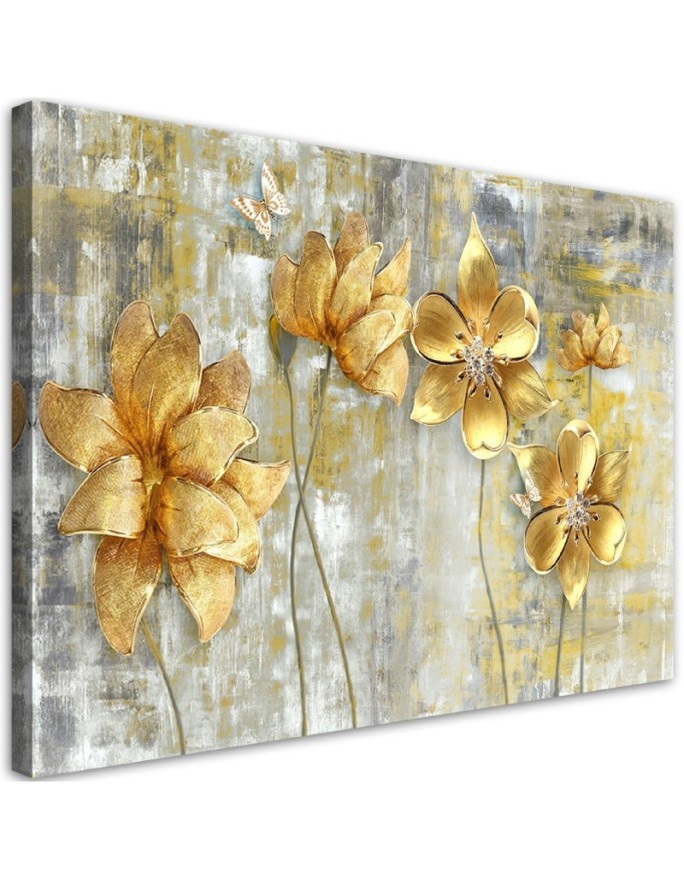 Bild auf Leinwand - Goldene Blumen und Schmetterlinge | Feeby