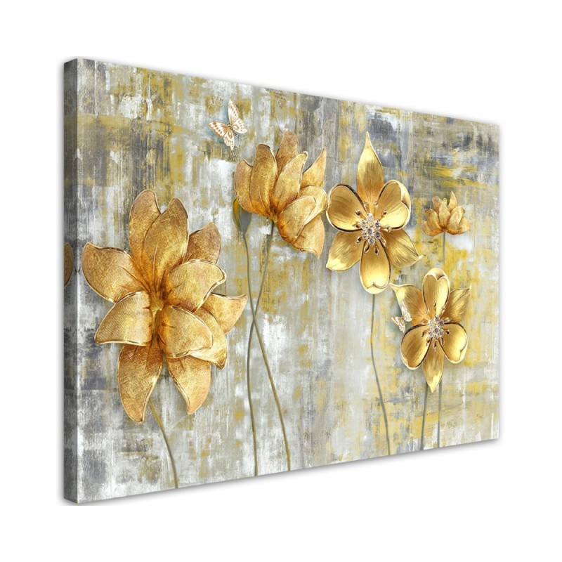 Bild auf Leinwand - Goldene Blumen und Schmetterlinge | Feeby