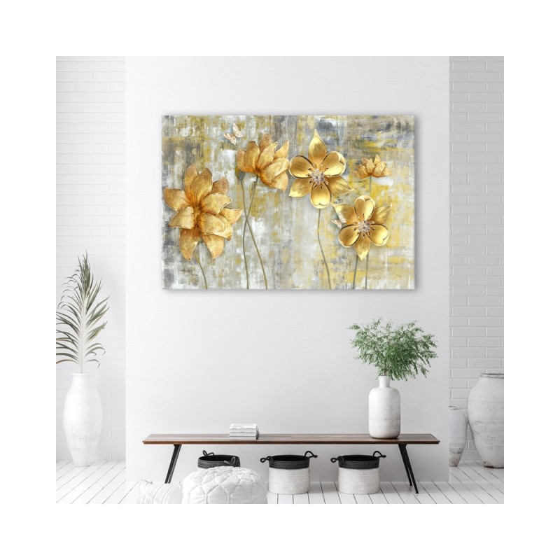 Bild auf Leinwand - Goldene Blumen und Schmetterlinge | Feeby