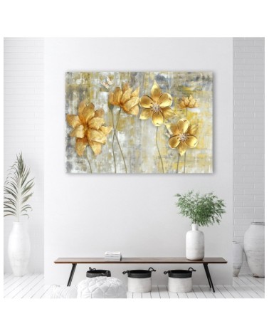 Bild auf Leinwand - Goldene Blumen und Schmetterlinge | Feeby
