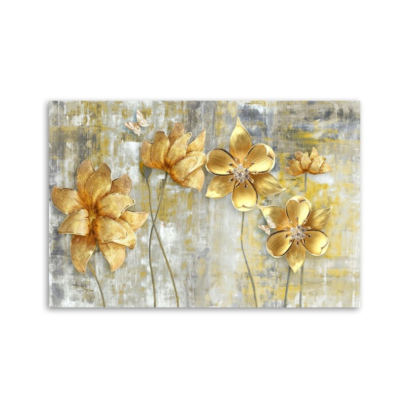 Bild auf Leinwand - Goldene Blumen und Schmetterlinge | Feeby