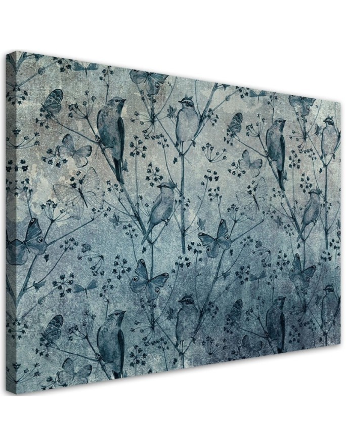 Leinwandbild - Vögel auf Zweigen Blau | Feeby