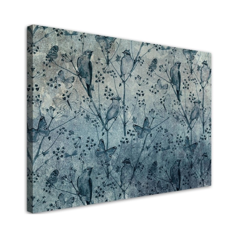 Leinwandbild - Vögel auf Zweigen Blau | Feeby