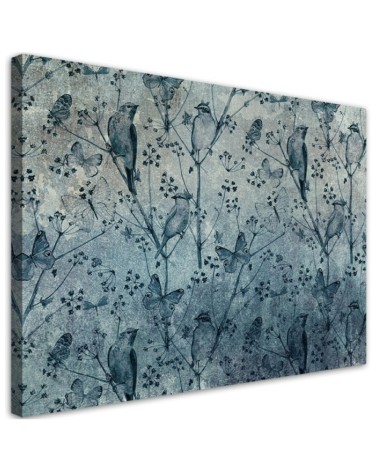 Leinwandbild - Vögel auf Zweigen Blau | Feeby