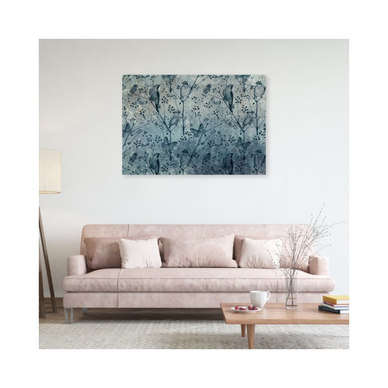 Leinwandbild - Vögel auf Zweigen Blau | Feeby