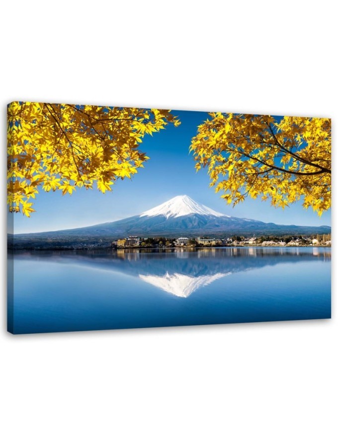 Modernes Wandbild - Berg Fuji See und gelbe Blätter | Feeby