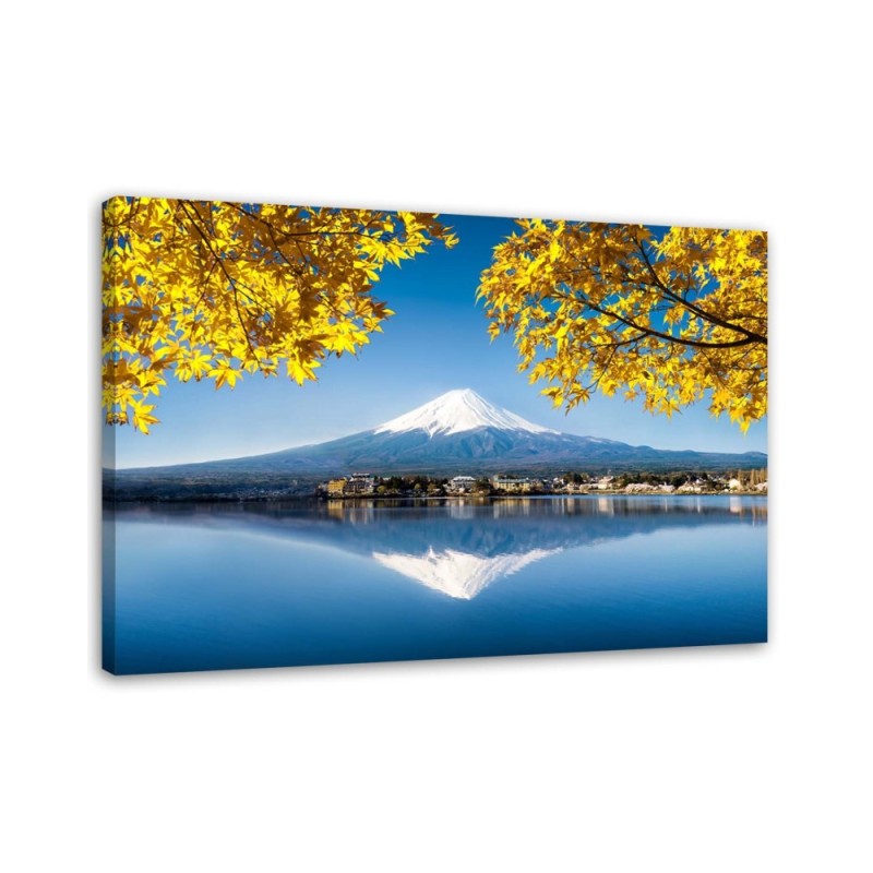 Modernes Wandbild - Berg Fuji See und gelbe Blätter | Feeby