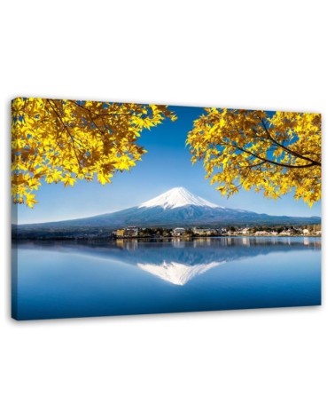 Modernes Wandbild - Berg Fuji See und gelbe Blätter | Feeby