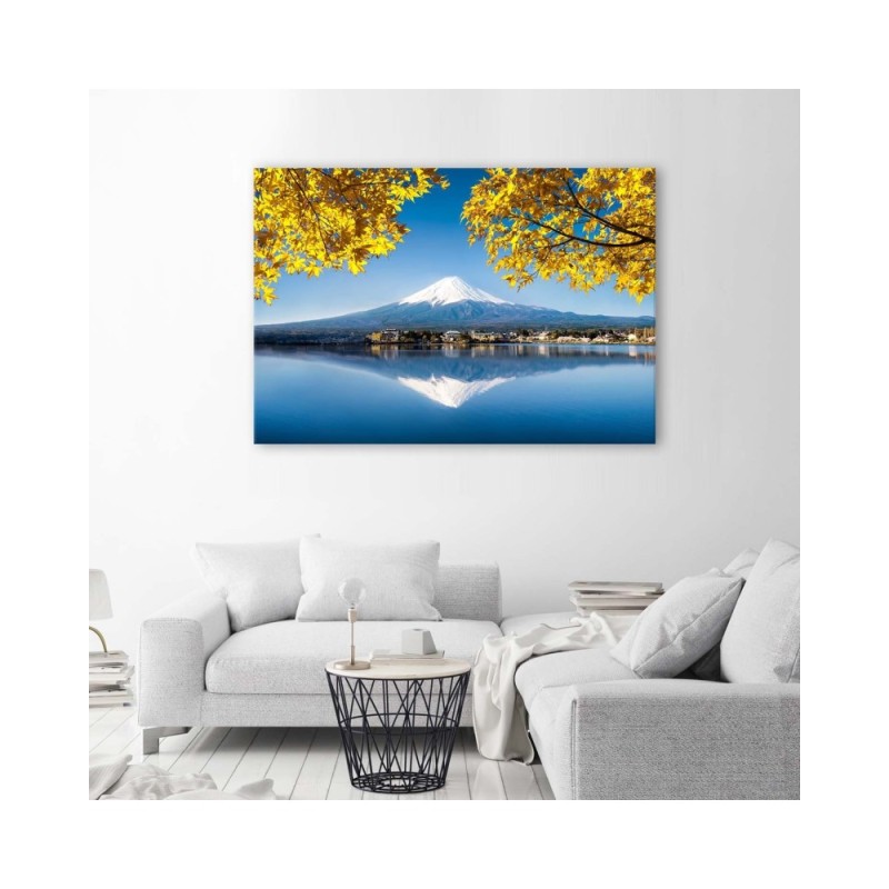 Modernes Wandbild - Berg Fuji See und gelbe Blätter | Feeby