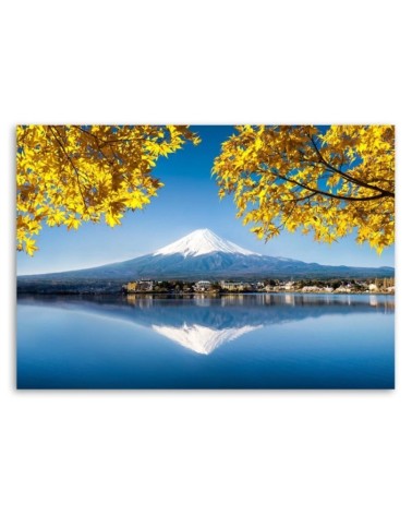 Modernes Wandbild - Berg Fuji See und gelbe Blätter | Feeby