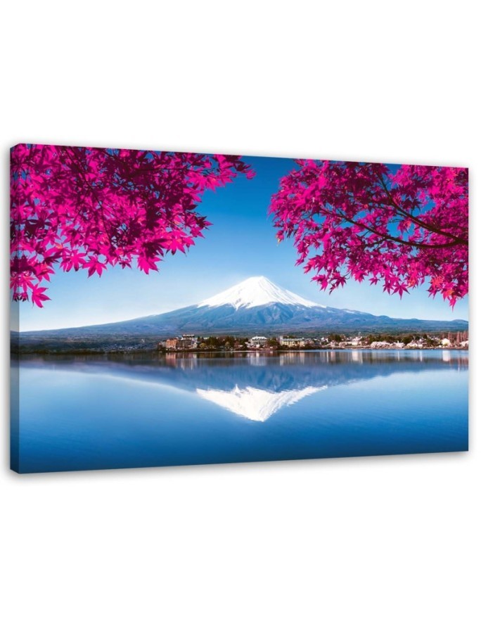 Bild auf Leinwand - Berg Fuji See und rosa Blätter | Feeby