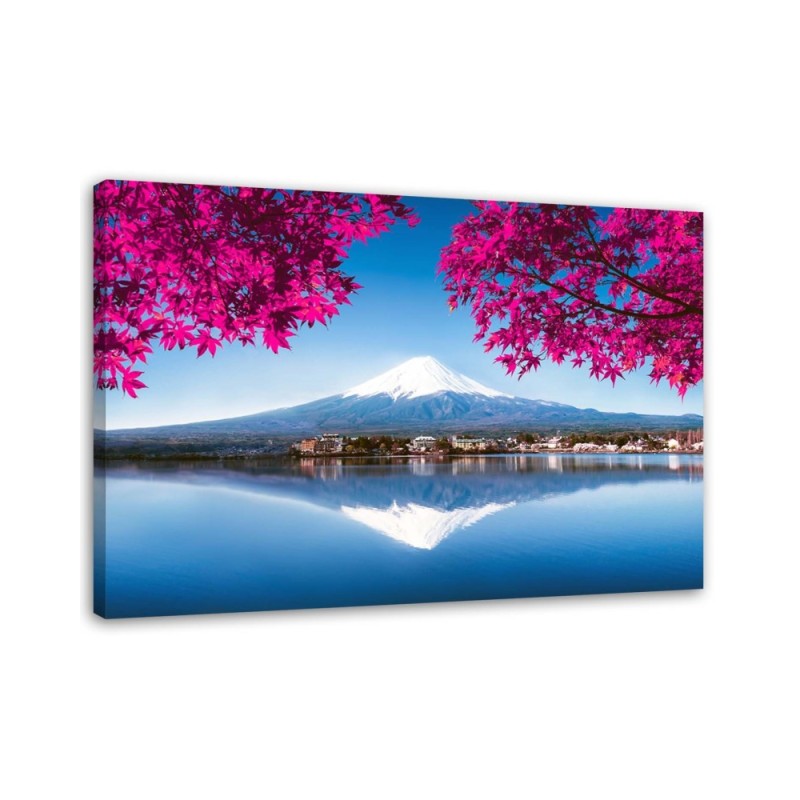 Bild auf Leinwand - Berg Fuji See und rosa Blätter | Feeby